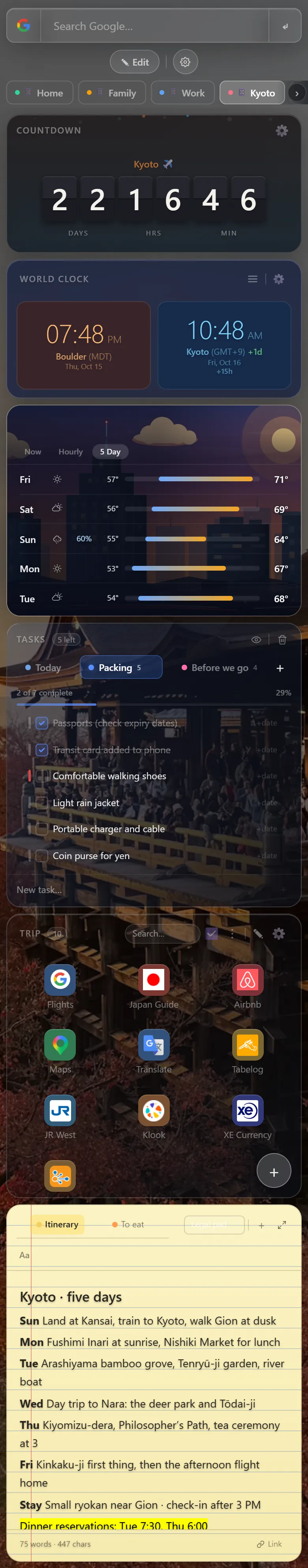 The Kyoto page on a phone: a countdown, clocks, the Kyoto forecast, a packing list, travel bookmarks, and an itinerary, stacked in one column